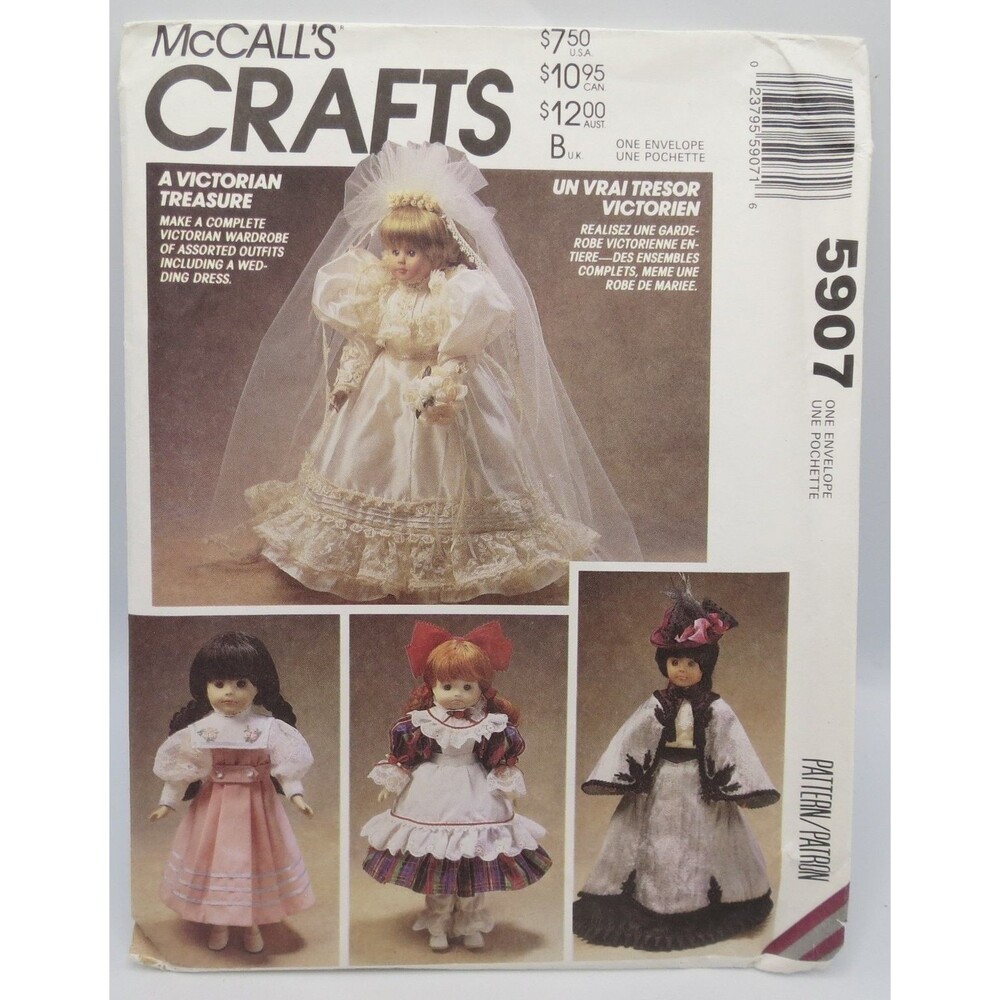 McCall's Crafts 5907 Victorian Doll Clothes Wedding Dress 13 14 16 Inch Dolls